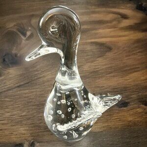 Vintage Clear Art Glass Duck Paperweight Large Bullicante Bubbles 5"‎